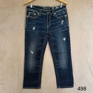 Miss Me Boyfriend Jeans Womens Distressed Mid Rise Dark Cropped 27‎ Rhinestones